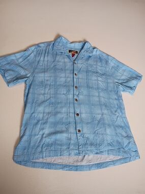 La Cabana 100% Rayon Button Down Light Blue Tropical Palm Tree Shirt Size L